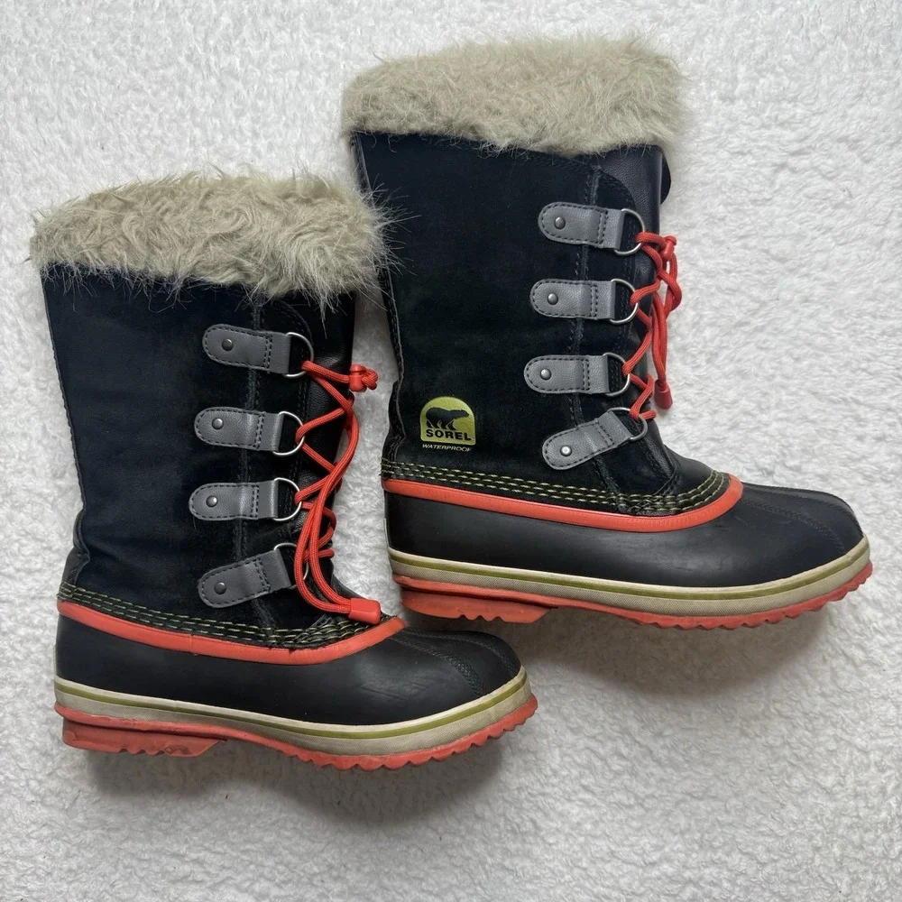 Sorel Joan of Artic Waterproof Boots Orange Black Faux Fur‎ size 5 Youth/ 7 WMN